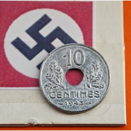 FRANCIA 10 CENTIMOS 1943 VICHY FRENCH STATE (21mm) KM.898 MONEDA DE ZINC III Reich OCUPACION NAZI WWII