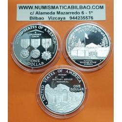 US VETERANS 3 monedas x ESTADOS UNIDOS 1 DOLAR 1994 P VIETNAM WAR US VETERANS MEMORIAL PLATA PROOF USA silver dollar ESTUCHE