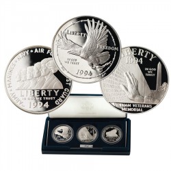 . 3 monedas x ESTADOS UNIDOS 1 DOLAR 1994 P VIETNAM WAR US VETERANS MEMORIAL PLATA PROOF USA silver dollar ESTUCHE