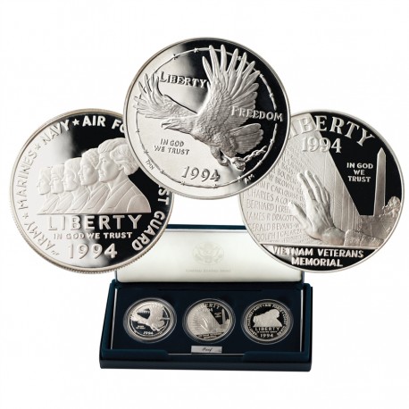 . 3 monedas x ESTADOS UNIDOS 1 DOLAR 1994 P VIETNAM WAR US VETERANS MEMORIAL PLATA PROOF USA silver dollar ESTUCHE