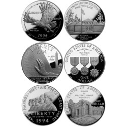 US VETERANS 3 monedas x ESTADOS UNIDOS 1 DOLAR 1994 P VIETNAM WAR US VETERANS MEMORIAL PLATA PROOF USA silver dollar ESTUCHE