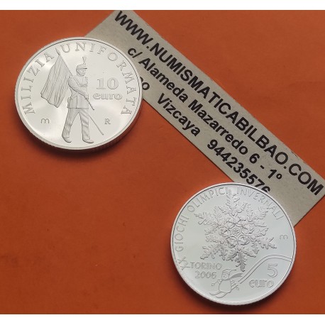 . 1,19 ONZAS de PLATA PURA x SAN MARINO 5 EUROS 2005 OLIMPIADA de INVIERNO TURÍN + 10 EUROS 2005 SOLDADO MILIZIA 2 monedas
