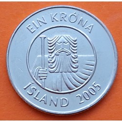 ISLANDIA 1 KRONA 2005 DIOS VIKINGO y BACALAO KM.27A MONEDA DE ACERO / NICKEL EBC Iceland