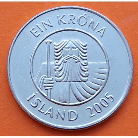 ISLANDIA 1 KRONA 2005 DIOS VIKINGO y BACALAO KM.27A MONEDA DE ACERO / NICKEL EBC Iceland