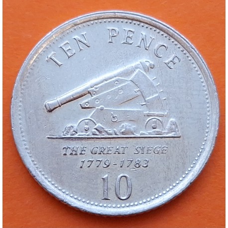 GIBRALTAR 10 PENIQUES 2007 CAÑÓN DE GUERRA e ISABEL II KM.1082 MONEDA DE NICKEL MBC+