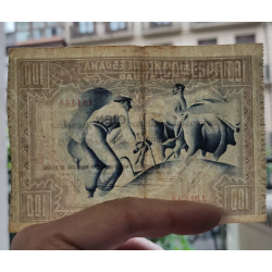 . @MUY RARO ERROR DE COLOR@ BILBAO 100 PESETAS 1937 CAJA DE AHORROS y MONTE DE PIEDAD BILLETE MBC- Euzkadi 