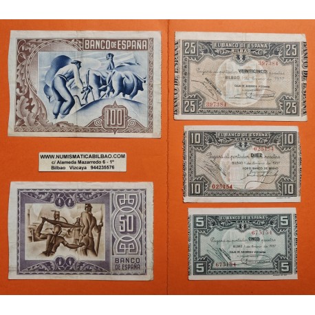 EUSKADI 5+10+25+50+100 PESETAS 1937 BILBAO Serie completa de 5 BILLETES MBC+ Guerra Civil 1936 EUZKADI R/3