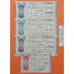 @RAROS@ BILBAO Serie de 4 Billetes 5+25+50+100 PESETAS 1936 GOBIERNO DE EUZKADI Guerra Civil en Euskadi BANCO DE ESPAÑA T/5