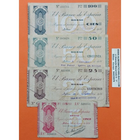 @RAROS@ BILBAO Serie de 4 Billetes 5+25+50+100 PESETAS 1936 GOBIERNO DE EUZKADI Guerra Civil en Euskadi BANCO DE ESPAÑA T/5