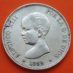 ESPAÑA 5 PESETAS 1892 * 18 92 PGM REY ALFONSO XIII tipo "PELON" KM.689 MONEDA DE PLATA (DURO) Spain silver R/4