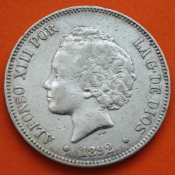 ESPAÑA 5 PESETAS 1892 * 18 92 PGM REY ALFONSO XIII tipo "RIZOS" KM.700 MONEDA DE PLATA (DURO) Spain silver R/2