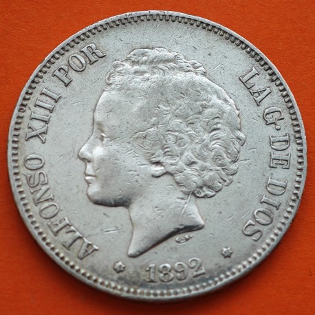 ESPAÑA 5 PESETAS 1892 * 18 92 PGM REY ALFONSO XIII tipo "RIZOS" KM.700 MONEDA DE PLATA (DURO) Spain silver R/2
