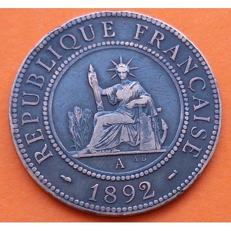 INDOCHINA 1 CENTIMO 1892 A DAMA KM.1 MONEDA DE BRONCE @ESCASA@ INDO-CHINE Republique Francaise POIDS 10 GR