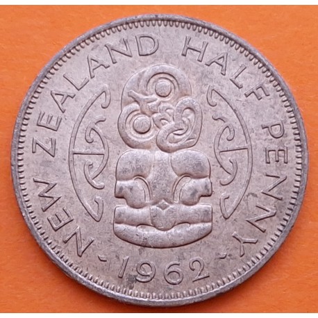 NUEVA ZELANDA 1/2 PENIQUE 1962 REINA ISABEL II y TOTEM TRIBAL KM.23.2 MONEDA DE COBRE EBC New Zealand
