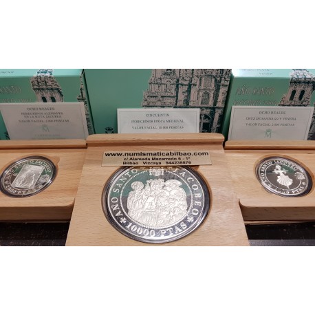 . 3 monedas x 2000 PESETAS 1993 (2 uds) + 10000 PESETAS 1993 XACOBEO PLATA España ESTUCHE FNMT AÑO SANTO JACOBEO