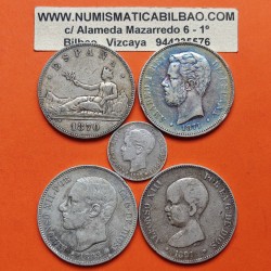 . 3 ONZAS de PLATA PURA x ESPAÑA 5 PESETAS 1870 + 5 PESETAS 1871 + 5 PESETAS 1885 + 5 PESETAS 1891 + 1 PESETA 1899 CIRCULADAS