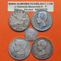 . 3 ONZAS de PLATA PURA x ESPAÑA 5 PESETAS 1870 + 5 PESETAS 1871 + 5 PESETAS 1885 + 5 PESETAS 1891 + 1 PESETA 1899 CIRCULADAS