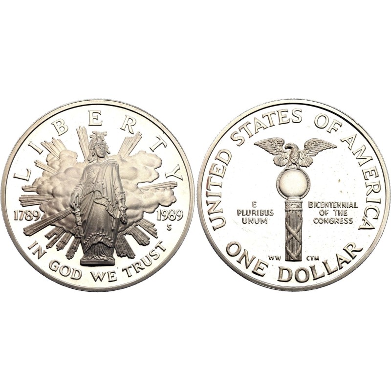 ESTADOS UNIDOS 1 DOLAR 1989 S BICENTENARIO DEL CONGRESO KM.225 MONEDA DE PLATA PROOF @NO ESTUCHE@ USA