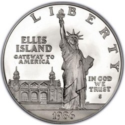 ESTADOS UNIDOS 1 DOLAR 1986 S ESTATUA DE LA LIBERTAD EN ELLIS ISLAND KM.214 MONEDA DE PLATA PROOF Imperfecciones