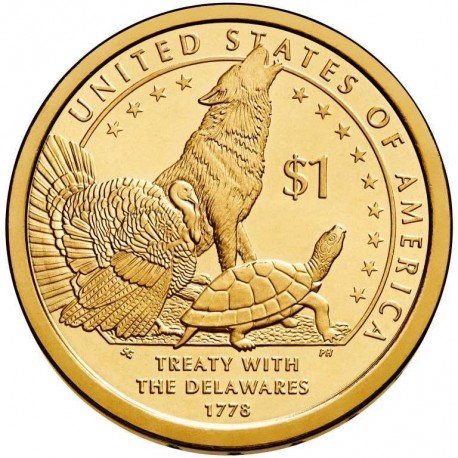 ESTADOS UNIDOS 1 DOLAR 2013 P INDIA SACAGAWEA TRATADO DE DELAWARE LOBO TORTUGA UROGALLO MONEDA DE LATON SC USA $1 Dollar NATIVE