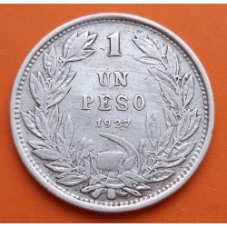 @TIPO -1- GRUESO@ CHILE 1 PESO 1927 So CONDOR SOBRE RISCO Ceca de Santiago KM.171 MONEDA DE PLATA República de Chile