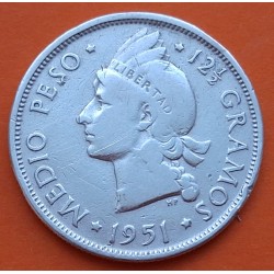 @RARA@ REPUBLICA DOMINICANA 1/2 PESO 1951 DAMA KM.21 MONEDA DE PLATA MBC- Dominican Republic