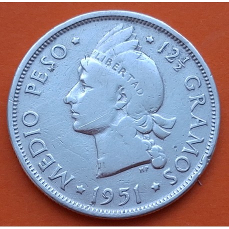 @RARA@ REPUBLICA DOMINICANA 1/2 PESO 1951 DAMA KM.21 MONEDA DE PLATA MBC- Dominican Republic