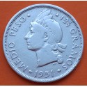 @RARA@ REPUBLICA DOMINICANA 1/2 PESO 1951 DAMA KM.21 MONEDA DE PLATA MBC- Dominican Republic