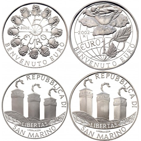 2 monedas @1,19 ONZAS@ SAN MARINO 5 EUROS 2002 + 10 EUROS 2002 BIENVENIDA AL EURO PLATA NO ESTUCHE