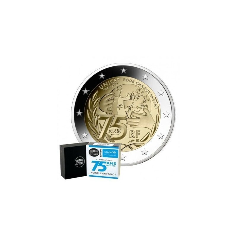 . 10000 Tirada @PROOF@ FRANCIA 2 EUROS 2021 UNICEF 75 ANIVER. UNA MONEDA PARA CADA NIÑO 1ª MONEDA ESTUCHE France euro coin