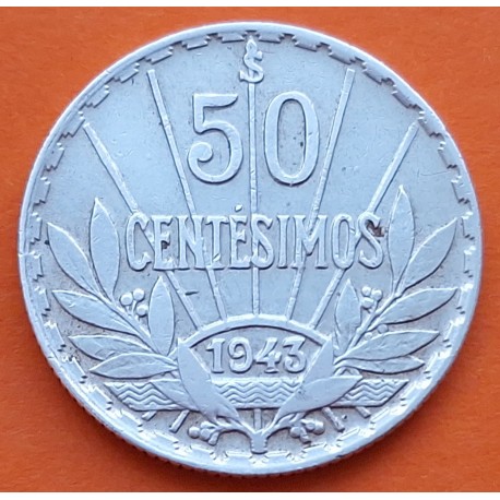 URUGUAY 50 CENTESIMOS 1943 Santiago ARTIGAS y VALOR KM.31 MONEDA DE PLATA MBC- WWII