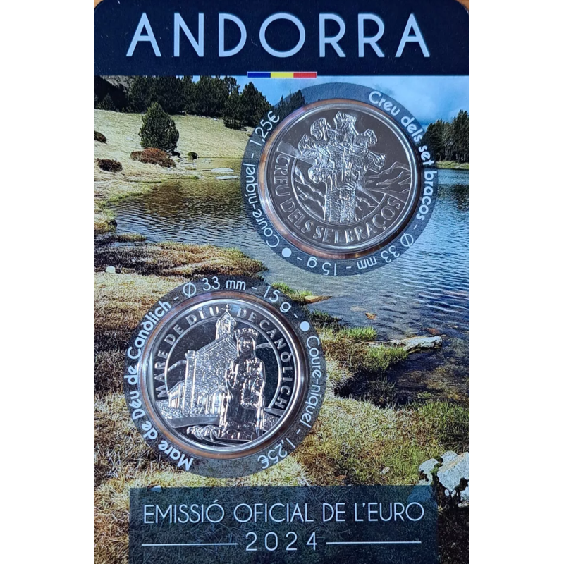 . 1 aaaaacoin x ANDORRA 1,25 EUROS 2024 CRUZ DE LOS 7 BRAZOS y VIRGEN 2 Monedas de NICKEL SC Blister