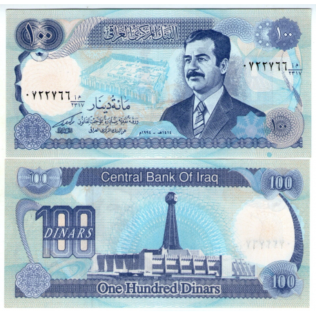 IRAK 100 DINARES 1994 SADAM HUSSEIN y MONUMENTO Tipo AZÚL INTENSO Pick 84.A BILLETE SC Iraq UNC BANKNOTE