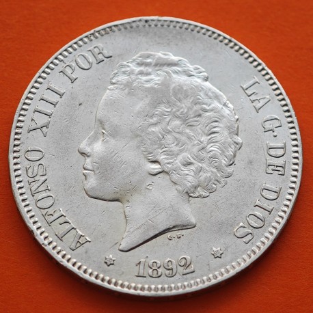ESPAÑA 5 PESETAS 1892 * 18 92 PGM REY ALFONSO XIII tipo "RIZOS" KM.700 MONEDA DE PLATA (DURO) Spain silver R/1