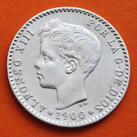 ESPAÑA Rey ALFONSO XIII 50 CENTIMOS 1900 * 0/0 SMV REY y ESCUDO KM.705 MONEDA DE PLATA EBC- Spain silver R/2