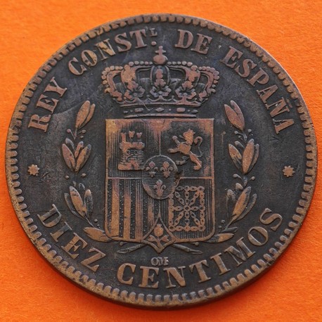 ESPAÑA Rey ALFONSO XII 10 CENTIMOS 1878 OM ESCUDO KM.675 MONEDA DE BRONCE @DEFECTO EN BUSTO@ Spain R/3