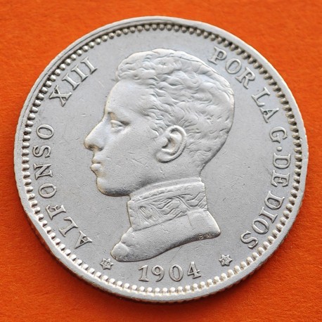ESPAÑA Rey ALFONSO XIII 1 PESETA 1904 * 19 04 SMV KM.721 MONEDA DE PLATA Spain R/5