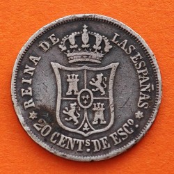 @ESCASA@ ESPAÑA REINA ISABEL II 20 CENTIMOS DE ESCUDO 1868 Ceca de MADRID KM.625.1 MONEDA DE PLATA Spain