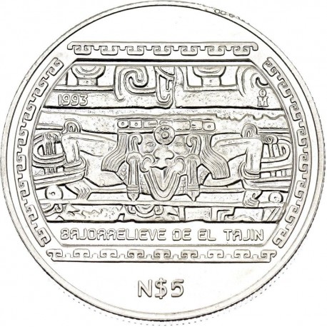 MEXICO 5 PESOS 1993 BAJORRELIEVE DE EL TAJIN KM.569 MONEDA DE PLATA SC 1 ONZA OZ Silver coin Nuevo