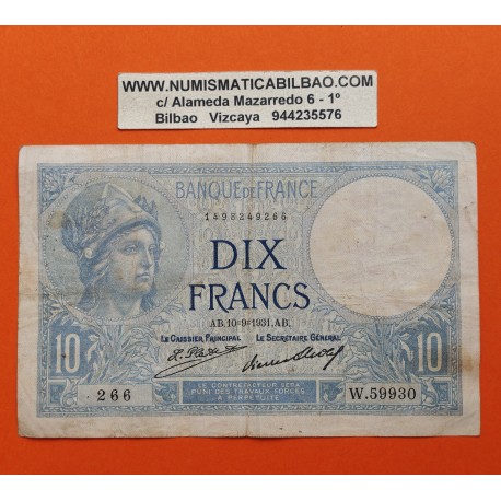 . @PVP NUEVO 180€@ FRANCIA 10 FRANCOS 1931 DIOSA MINERVA y CAMPESINA Pick 73.D BILLETE CIRCULADO France
