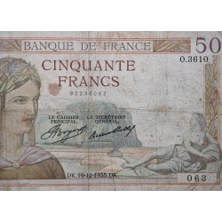 . @PVP NUEVO 375€@ FRANCIA 50 FRANCOS 1935 o 1936 (al azar) CERES y MERCURIO Pick 81 BILLETE MUY CIRCULADO France