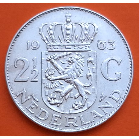 HOLANDA 2,50 GULDEN 1963 REINA JULIANA y LEON CON ESPADA KM.185 MONEDA DE PLATA MBC+ The Netherlands silver 0,35 ONZAS