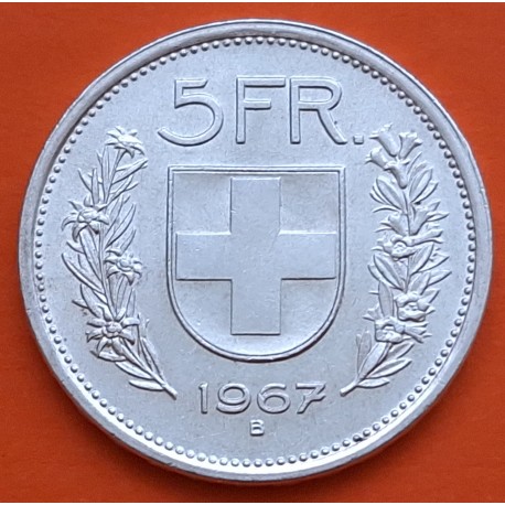 SUIZA 5 FRANCOS 1967 B GUILLERMO TELL y ESCUDO KM.40 MONEDA DE PLATA PLATA SC- Switzerland 5 Francs silver coin