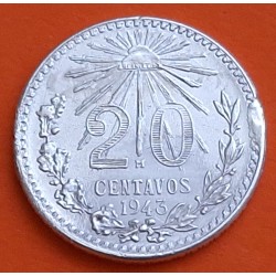 MEXICO 20 CENTAVOS 1943 AGUILA y VALOR KM.438 MONEDA DE PLATA EBC + DEFECTO Mejico silver coin WWII
