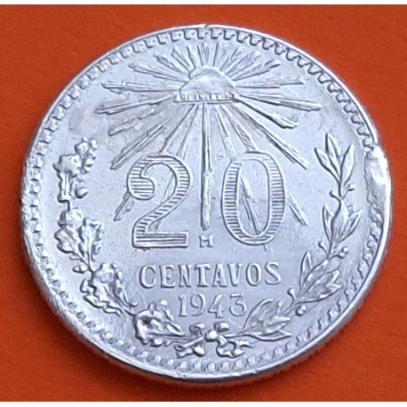 MEXICO 20 CENTAVOS 1943 AGUILA y VALOR KM.438 MONEDA DE PLATA EBC + DEFECTO Mejico silver coin WWII