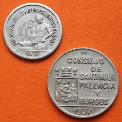 . 2 monedas x SANTANDER PALENCIA y BURGOS 50 CENTIMOS 1937 + 1 PESETA 1937 GUERRA CIVIL NICKEL ESPAÑA Par/3