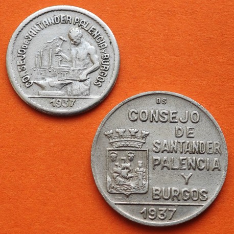 . 2 monedas x SANTANDER PALENCIA y BURGOS 50 CENTIMOS 1937 + 1 PESETA 1937 GUERRA CIVIL NICKEL ESPAÑA Par/3
