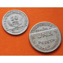 . 2 monedas x SANTANDER PALENCIA y BURGOS 50 CENTIMOS 1937 + 1 PESETA 1937 GUERRA CIVIL NICKEL ESPAÑA Par/3