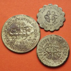 . 3 monedas x SESTAO VIZCAYA AURRERA 1 PESETA + 1 KILO + 2 KILOS 1937 FICHAS DE SOCIEDAD COOPERATIVA DE CONSUMO LATON