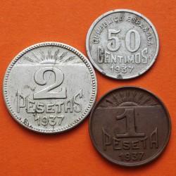 CONSEJO DE ASTURIAS y LEON 50 CENTIMOS 1937 + 1 PESETA 1937 + 2 PESETAS 1937 España 3 MONEDAS LOCALES GUERRA CIVIL